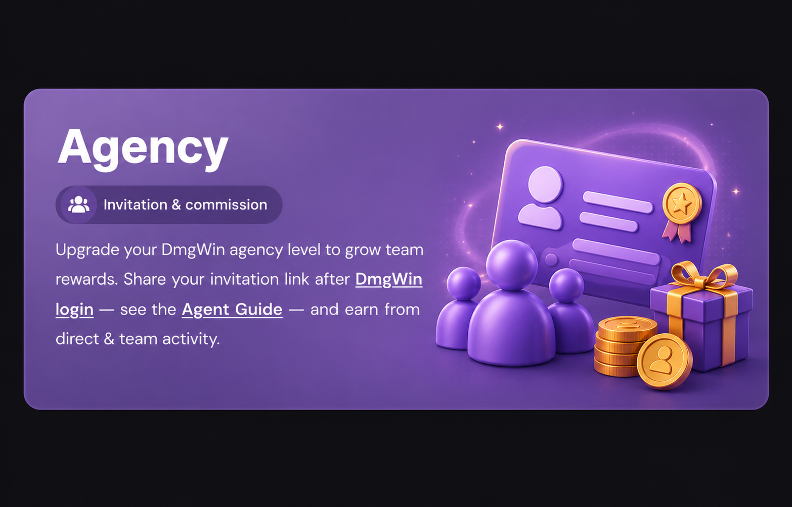 DmgWin Agency — Invitation and commission, grow team rewards after DmgWin login